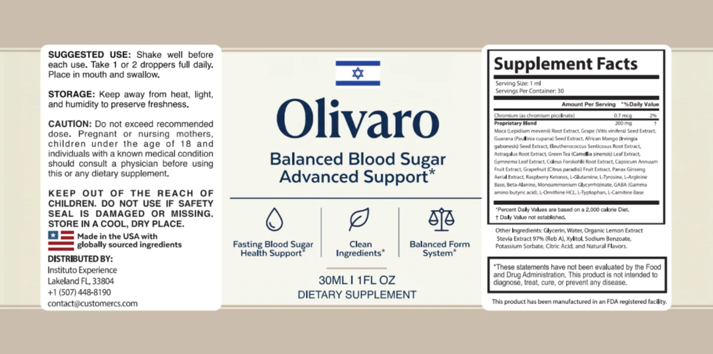 Olivaro Supplement Facts label with suggested use
